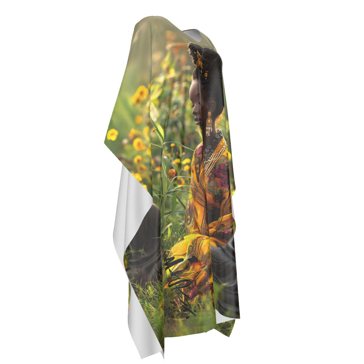 She sits with Budha, golden chrysanthemum caftan