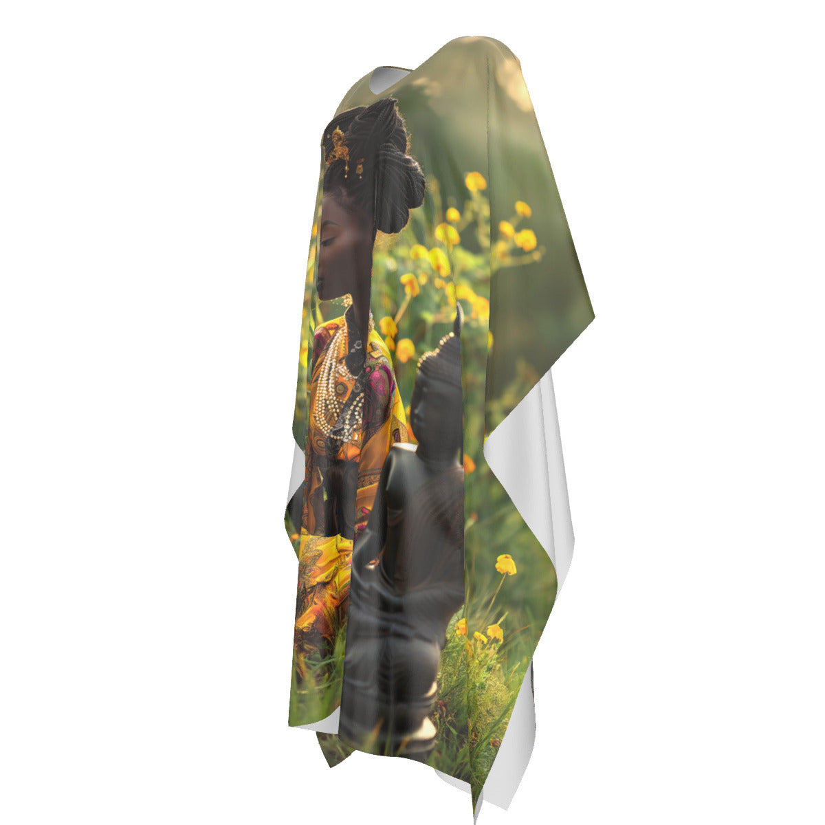 She sits with Budha, golden chrysanthemum caftan