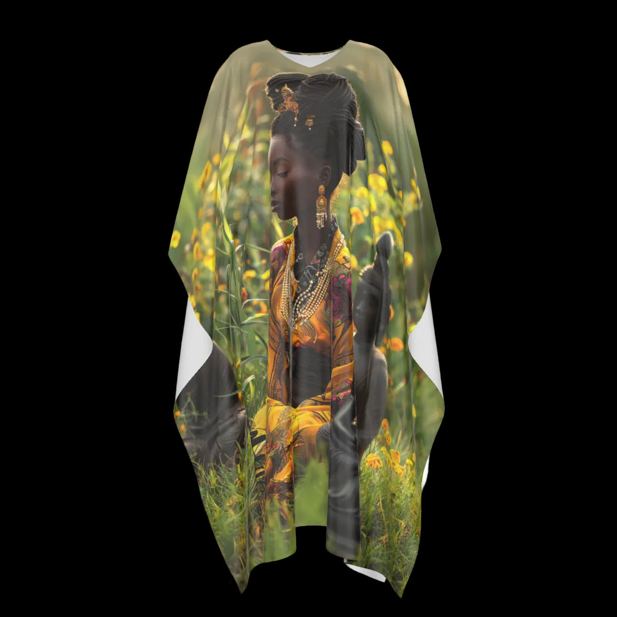 She sits with Budha, golden chrysanthemum caftan