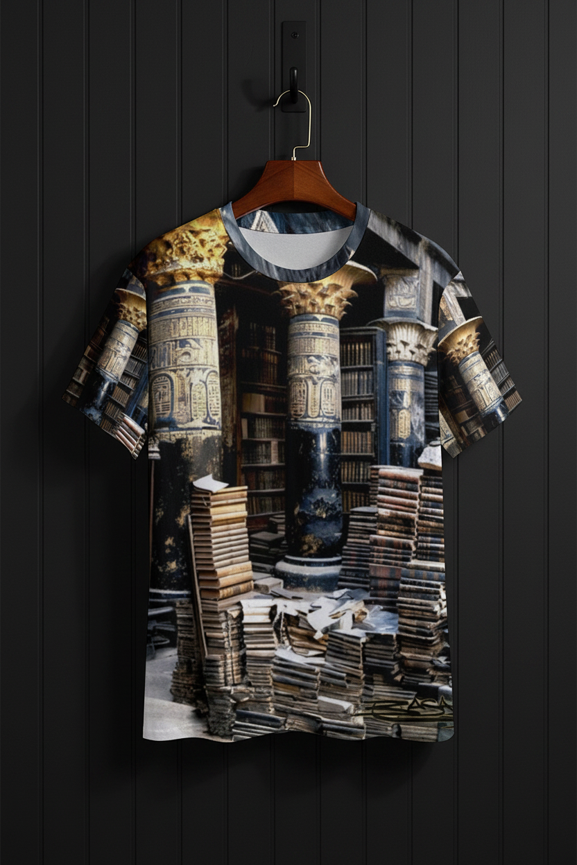 T-shirt with a design of ancient columns and books 