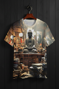 T-shirt with Buddha graphic design on a hanger against 