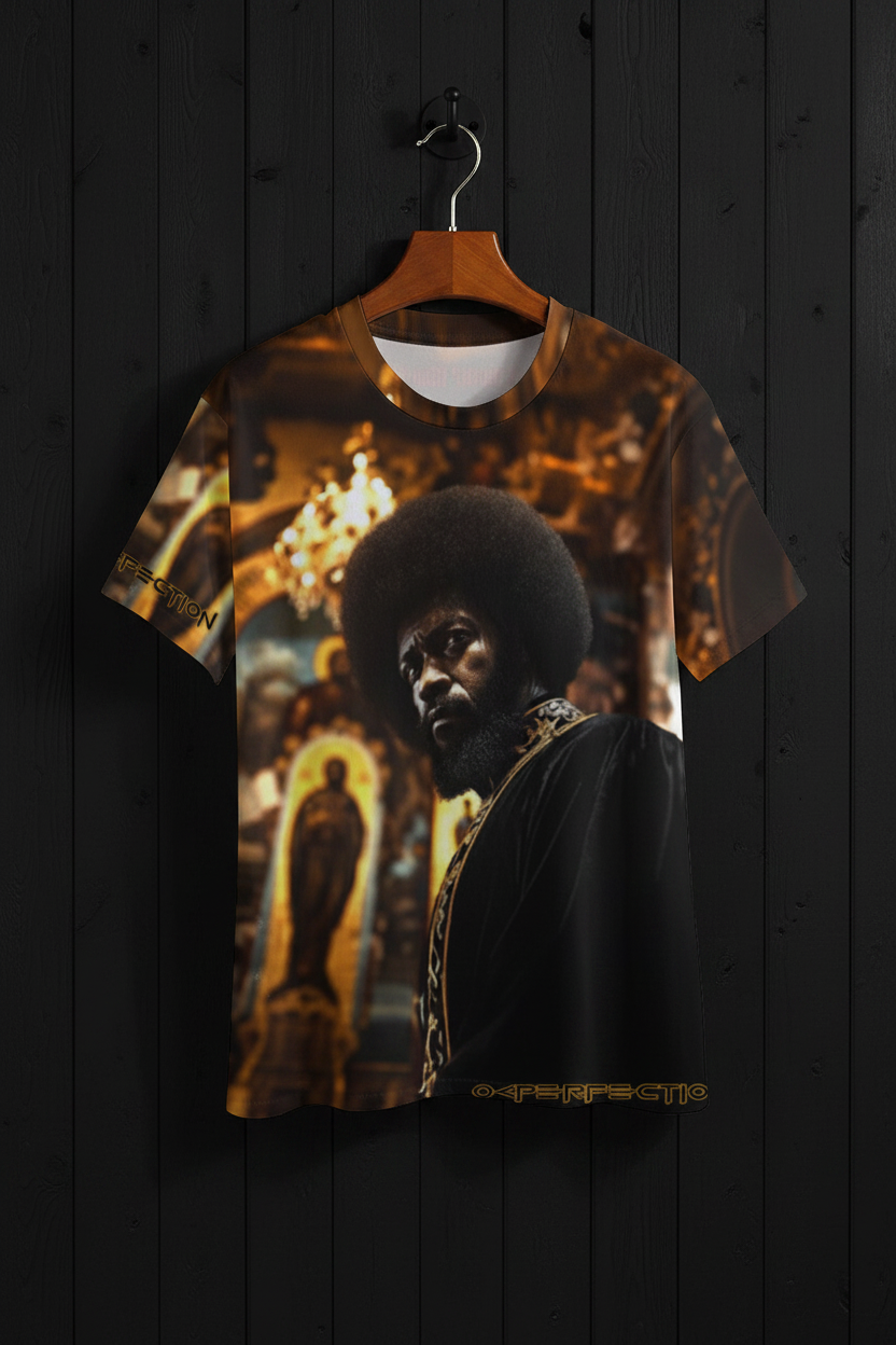 T-shirt with a graphic design of a Blackman with an afro in a church
