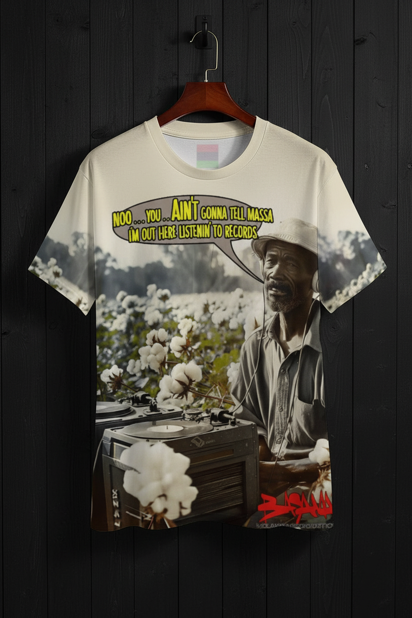 T-shirt with a graphic design of a man listening to records in a cotton field.
