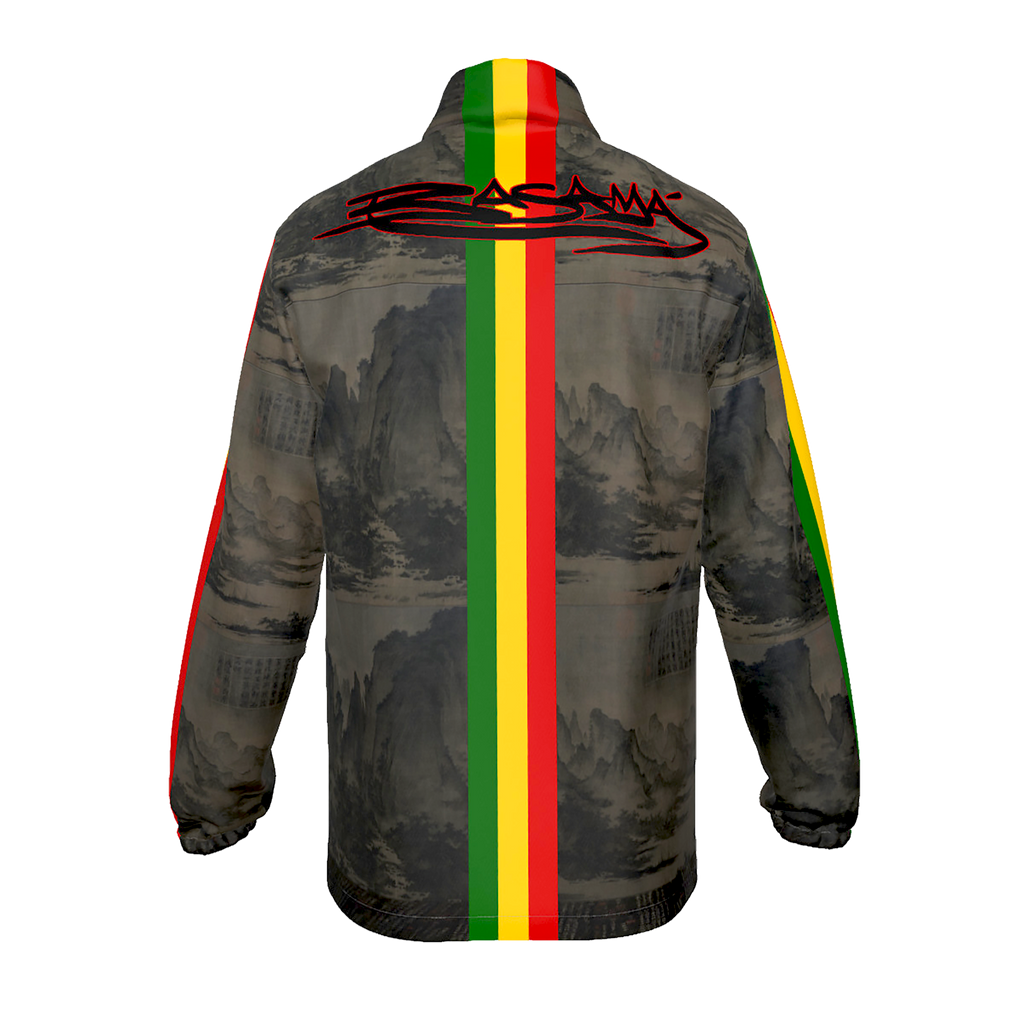 Camouflage jacket with Rasta stripes and branding on a grey mountain background