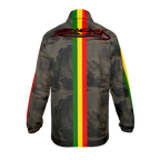 Camouflage jacket with Rasta stripes and branding on a grey mountain background