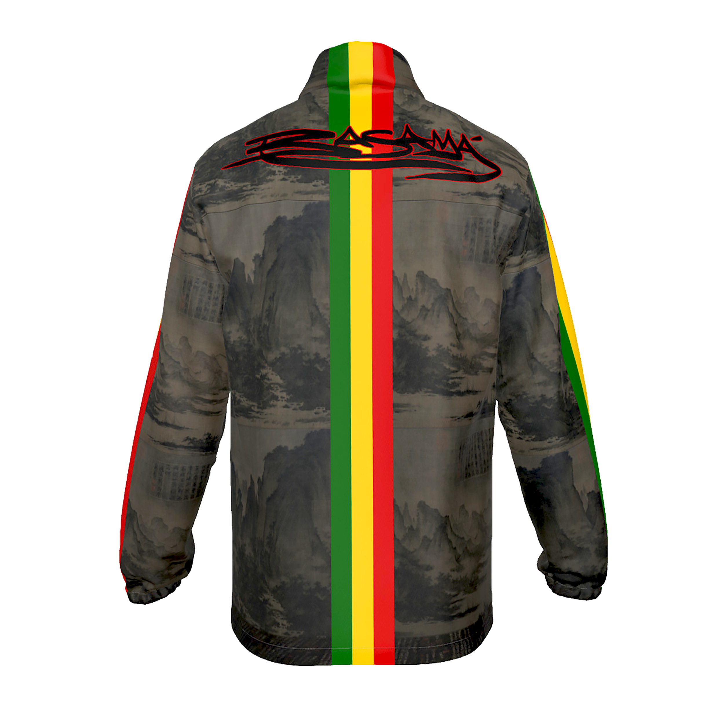 Camouflage jacket with Rasta stripes and branding on a grey mountain background