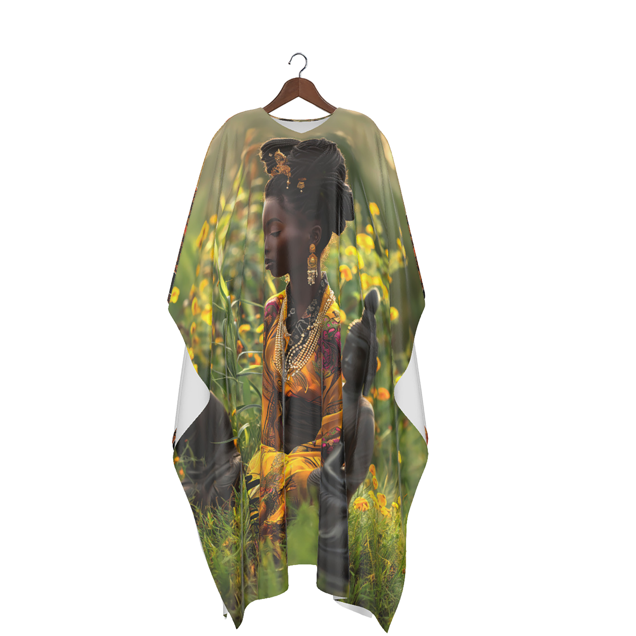 She sits with Budha, golden chrysanthemum caftan